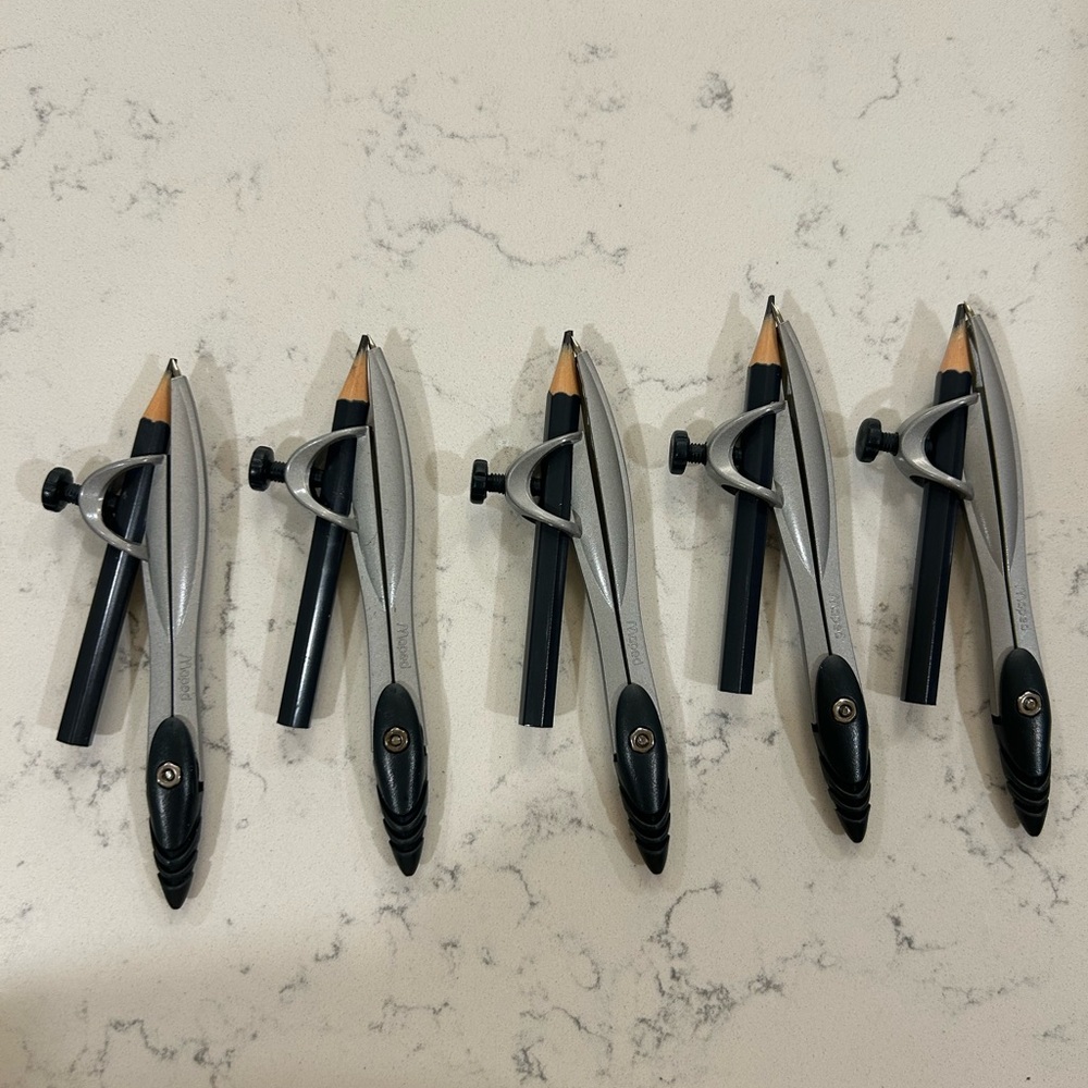 😀😀😃Set of 5 Maped Student Geometry Compasses – New Metal Precision Tools